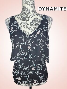 DYNAMITE Black Floral V-Neck Layered Tank - Small